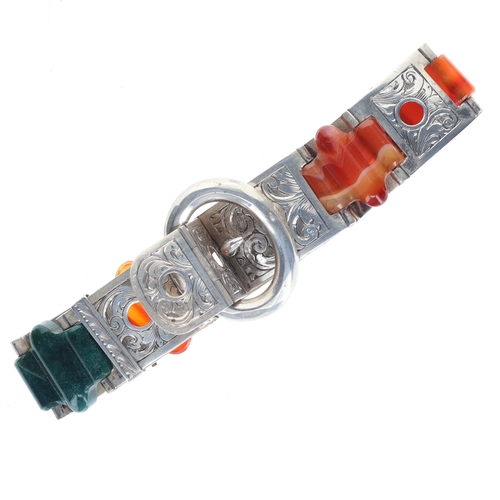 191 - Victorian Silver Scottish Revival Agate Bracelet, 25.2g