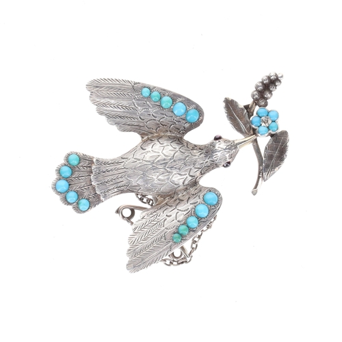 209 - Victorian Turquoise Silver Dove Brooch, 5.8g
