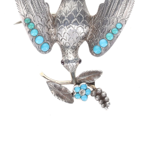 209 - Victorian Turquoise Silver Dove Brooch, 5.8g