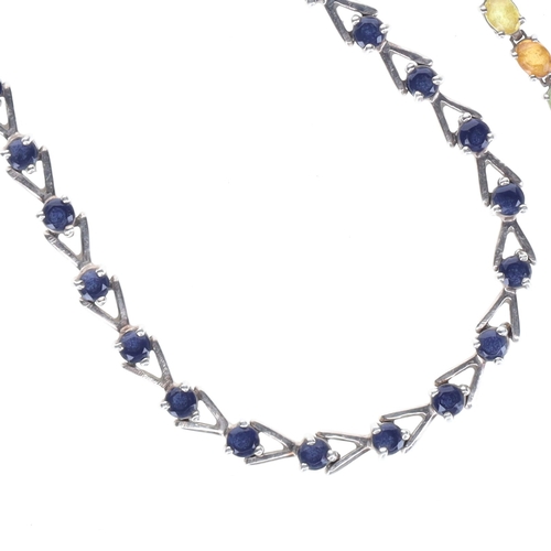 20 - Sterling Silver Gemstone Tennis Bracelet Pair incl. Cubic Zirconia, Vari-Hue Sapphire, 15.2g