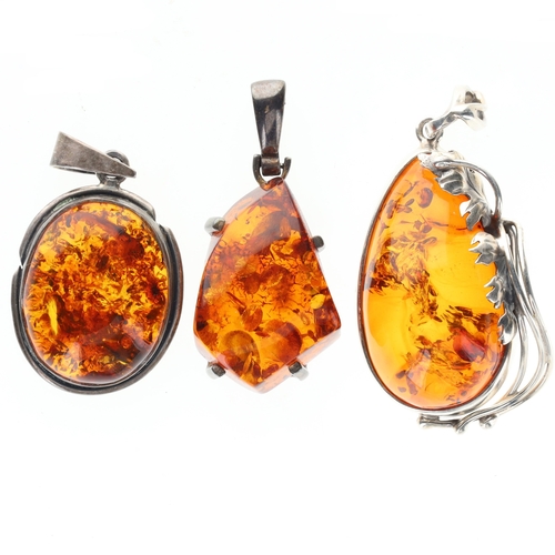205 - Sterling Silver Amber Pendants Collection incl. Foliate, Baltic, 40g