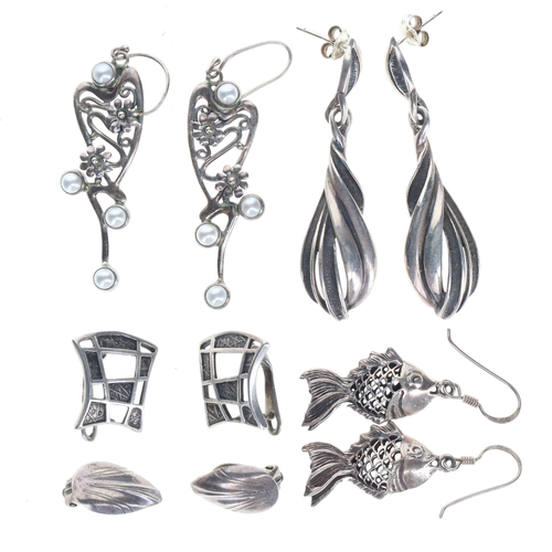 281 - Silver Earring Collection incl. Hermann Siersbol, Pearl, Clip Ons, 26.9g