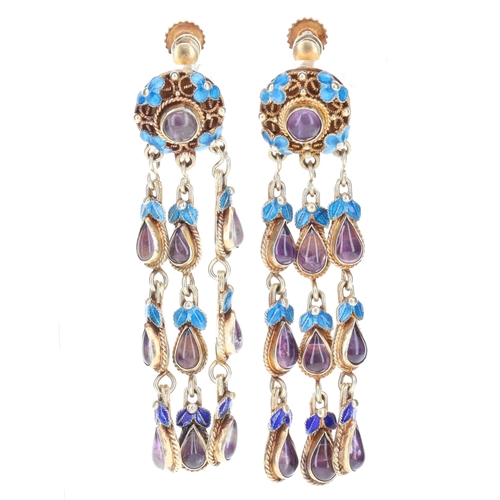 290 - Chinese Export Amethyst and Cloisonne Enamel Silver Screw Back Earrings, 13.5g