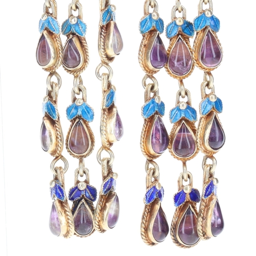 290 - Chinese Export Amethyst and Cloisonne Enamel Silver Screw Back Earrings, 13.5g