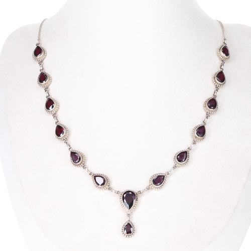 318 - Garnet Y-Drop Silver Necklace, 21.8g