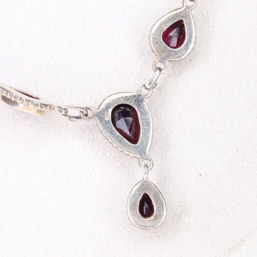 318 - Garnet Y-Drop Silver Necklace, 21.8g