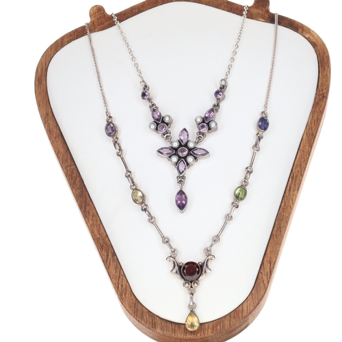 358 - Sterling Silver Gemstone Necklace Pair incl. Amethyst, Garnet, Peridot, 23.3g