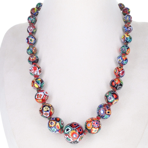 110 - Millefiore Glass Silver Clasp Graduated Necklace, 80g