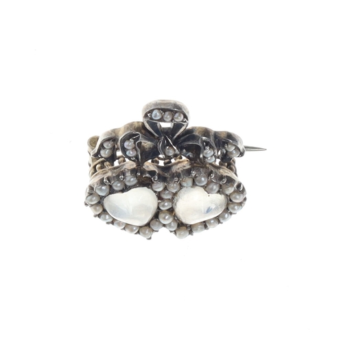 12 - Victorian Moonstone and Split Pearl Silver Brooch, 4.6g
