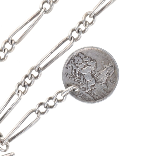 152 - Antique Sterling Silver Watch Chain with Italian Coin Fob, 38g