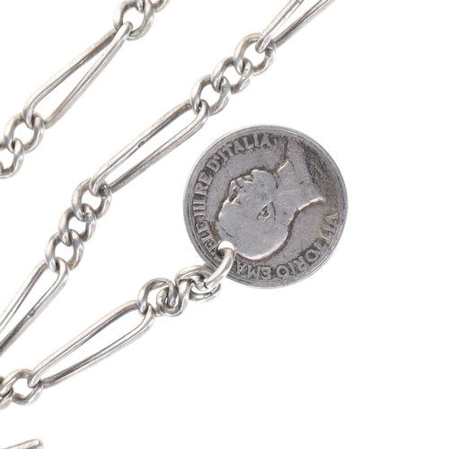 152 - Antique Sterling Silver Watch Chain with Italian Coin Fob, 38g