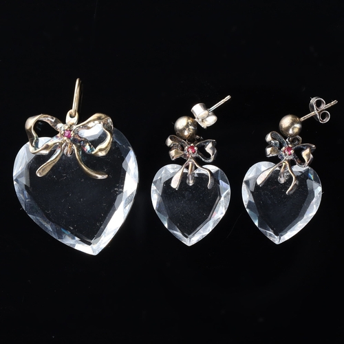 170 - Silver Heart and Bow Jewellery Set incl. Ruby, Rock Crystal, 15.8g