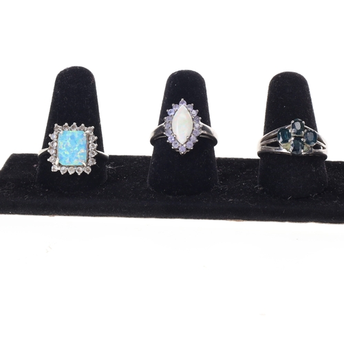 294 - Gemstone Silver Ring Collection incl. Opal, Tanzanite, London Blue Topaz, 18.9g