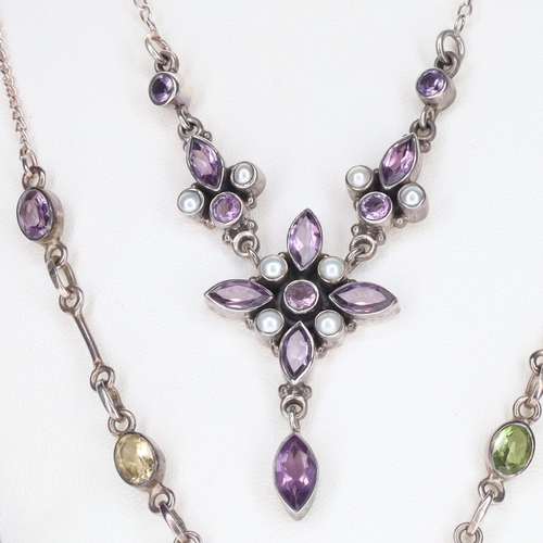 358 - Sterling Silver Gemstone Necklace Pair incl. Amethyst, Garnet, Peridot, 23.3g
