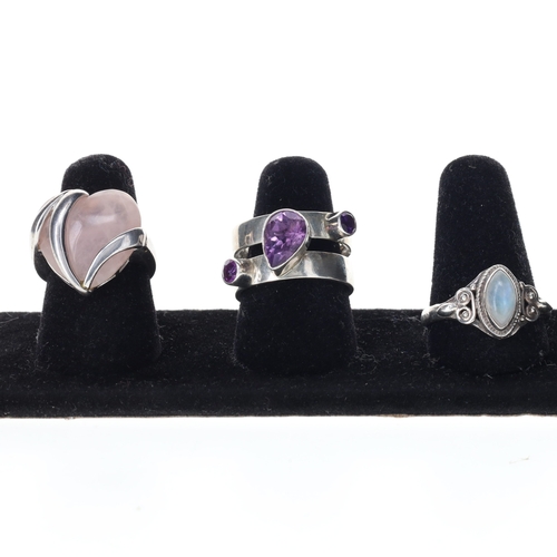76 - Sterling Silver Gemstone Ring Collection incl. Moonstone, Amethyst, Rose Quartz, 19g