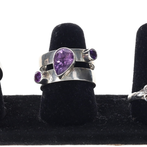 76 - Sterling Silver Gemstone Ring Collection incl. Moonstone, Amethyst, Rose Quartz, 19g