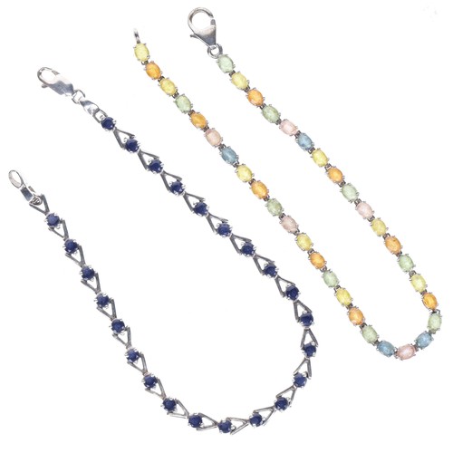 20 - Sterling Silver Gemstone Tennis Bracelet Pair incl. Cubic Zirconia, Vari-Hue Sapphire, 15.2g