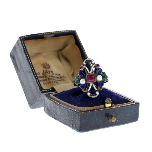 Austro Hungarian Enamel, Ruby and Pearl Silver Ring