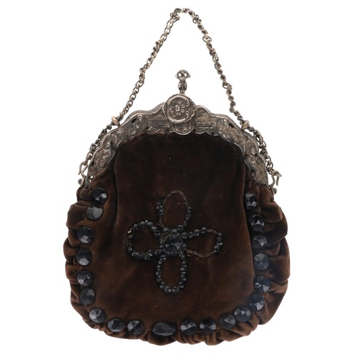 Antique 19th Century European Silver and Velvet Chatelaine Purse, 265g