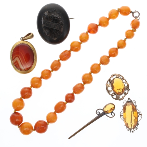 398 - Antique Jewellery Collection including Gold Plate, Amber, Mourning, Agate