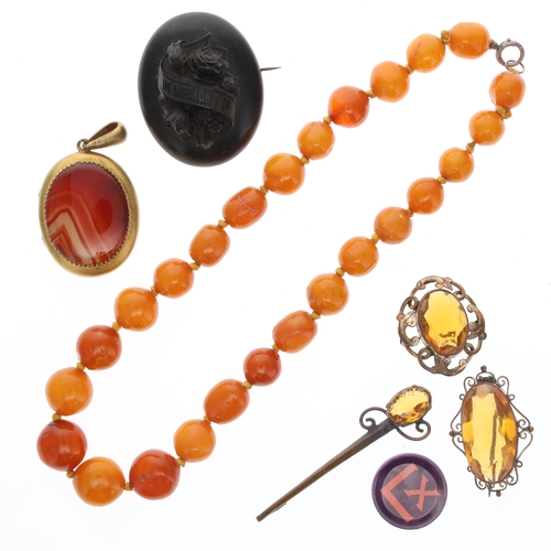 398 - Antique Jewellery Collection including Gold Plate, Amber, Mourning, Agate