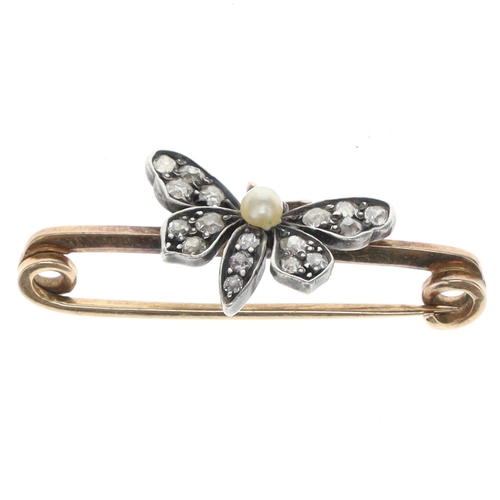 331 - Diamond, Pearl and Ruby Gold and Silver Butterfly Brooch, 5.2g