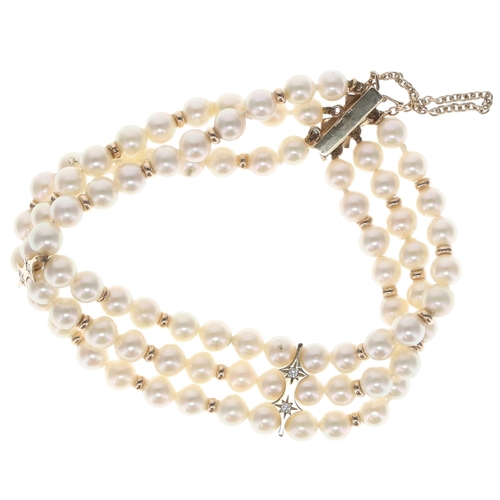 156 - Pearl and Diamond Multistrand 9ct Gold Bracelet, 26g
