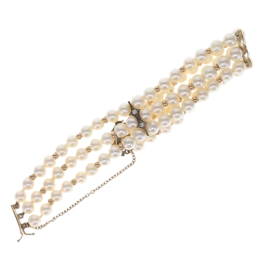 156 - Pearl and Diamond Multistrand 9ct Gold Bracelet, 26g