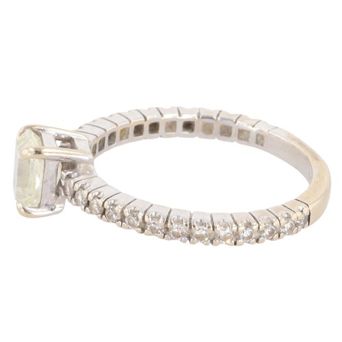 139 - Diamond Emerald Cut 18ct White Gold Solitaire Ring with Diamond Shoulders, 3.7g