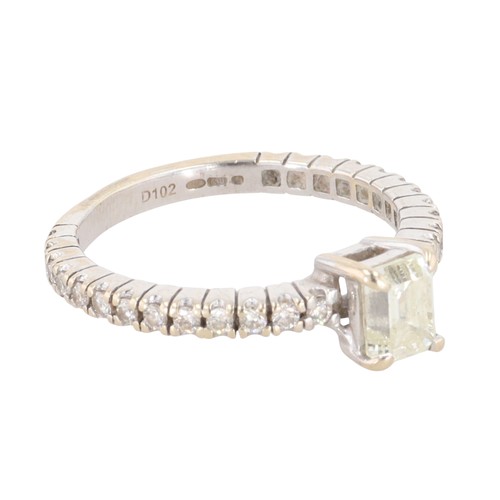 139 - Diamond Emerald Cut 18ct White Gold Solitaire Ring with Diamond Shoulders, 3.7g