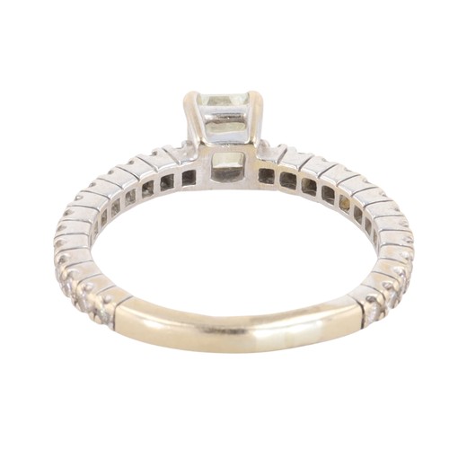 139 - Diamond Emerald Cut 18ct White Gold Solitaire Ring with Diamond Shoulders, 3.7g