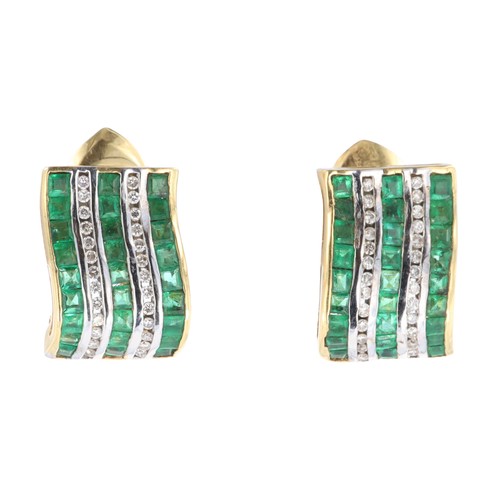 147 - Emerald and Diamond Channel Set Gold Earrings, 6g