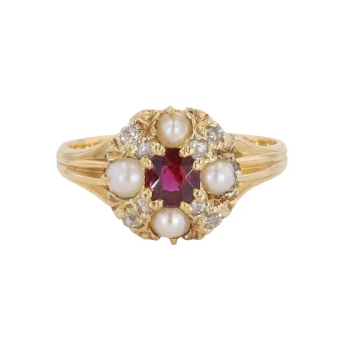 288 - Victorian Ruby Diamond Split Pearl Cluster Gold Ring, 3.3g