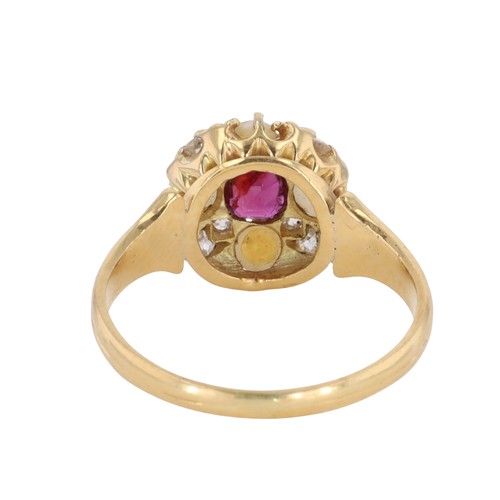288 - Victorian Ruby Diamond Split Pearl Cluster Gold Ring, 3.3g