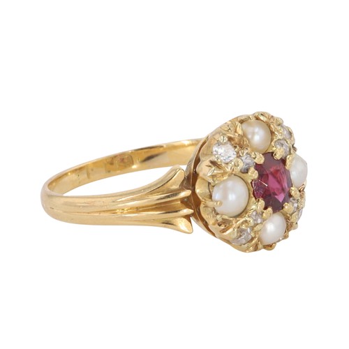 288 - Victorian Ruby Diamond Split Pearl Cluster Gold Ring, 3.3g