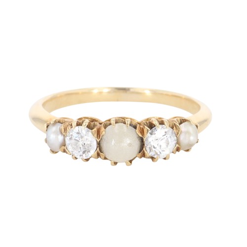 395 - Antique Diamond Split Pearl Five-Stone Gold Ring, 2.6g