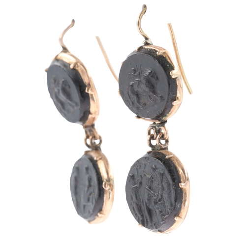 241 - Grand Tour Glass Panel Gold Drop Earrings, 8.3g