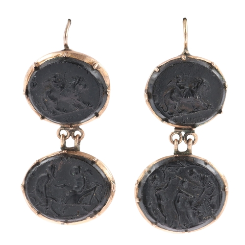 241 - Grand Tour Glass Panel Gold Drop Earrings, 8.3g