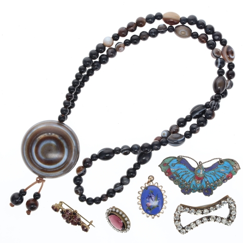 268 - Antique Jewellery Collection including Bullseye Agate, Kingfisher Wing, Enamel, Paste