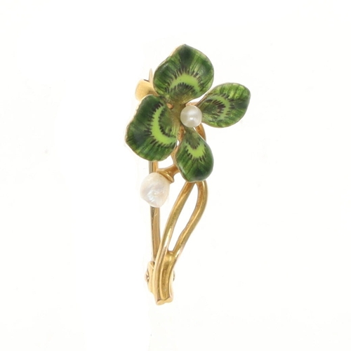 272 - Antique Enamel Clover Pearl Gold Brooch, 1.2g