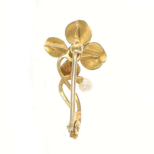272 - Antique Enamel Clover Pearl Gold Brooch, 1.2g