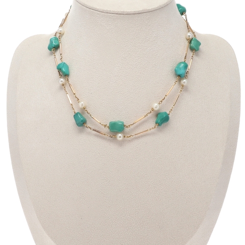 286 - Turquoise and Cultured Pearl Gold Necklace, 22.3g