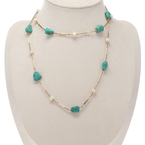 286 - Turquoise and Cultured Pearl Gold Necklace, 22.3g