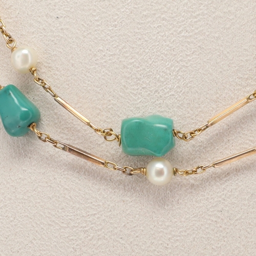 286 - Turquoise and Cultured Pearl Gold Necklace, 22.3g