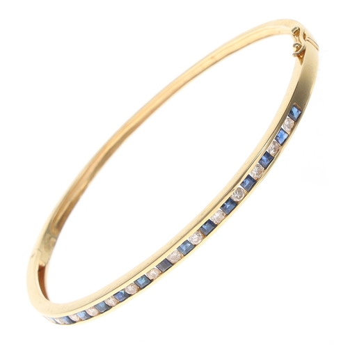 366 - Sapphire and Diamond Channel Set 18ct Gold Bangle, 9.5g