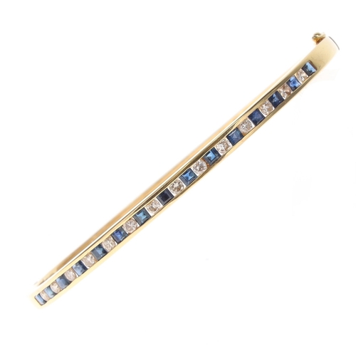 366 - Sapphire and Diamond Channel Set 18ct Gold Bangle, 9.5g