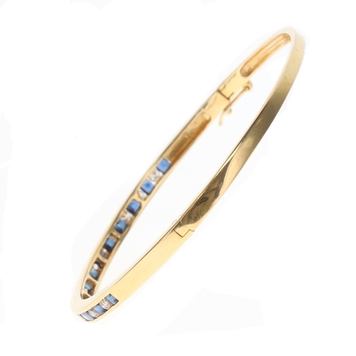 366 - Sapphire and Diamond Channel Set 18ct Gold Bangle, 9.5g