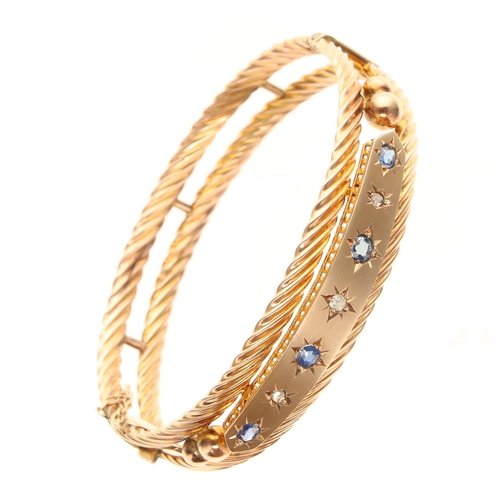 372 - Victorian Sapphire and Diamond 9ct Gold Bangle, 12.9g