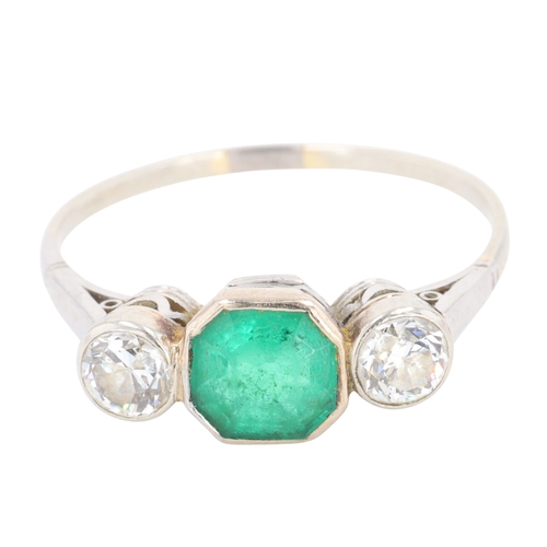 374 - Emerald and Diamond Gold and Platinum Trilogy Ring, 3g
