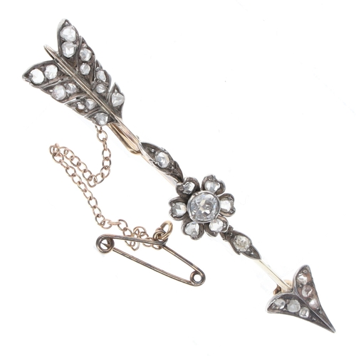 376 - Antique Old Mine Cut and Rose Cut Diamond Gold and Silver Arrow Brooch, 4.9g